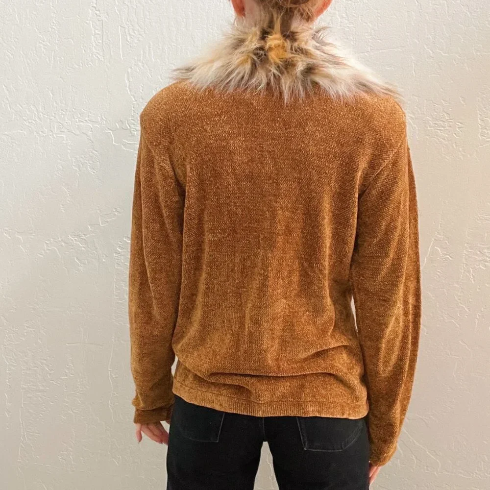 Vintage 1990's Tan Chenille Knit Fur Collar Zip Up Sweater - Picture 4 of 7